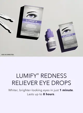 Lumify Redness Reliever product line with text: "Whiter, brighter-looking eyes in just 1 minute. Lasts up to 8 hours."