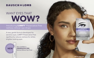 Image of a woman holding the LUMIFY Preservative Free eye drops package introducing the product