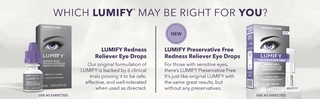 Image of the LUMIFY Preservative Free eye drops package and the LUMIFY Redness Reliever Eyes Drops detailing which product is right for the customer
