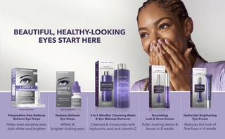 Image of a smiling woman and all the LUMIFY Redness Reliever and Eye Illuminations family of products